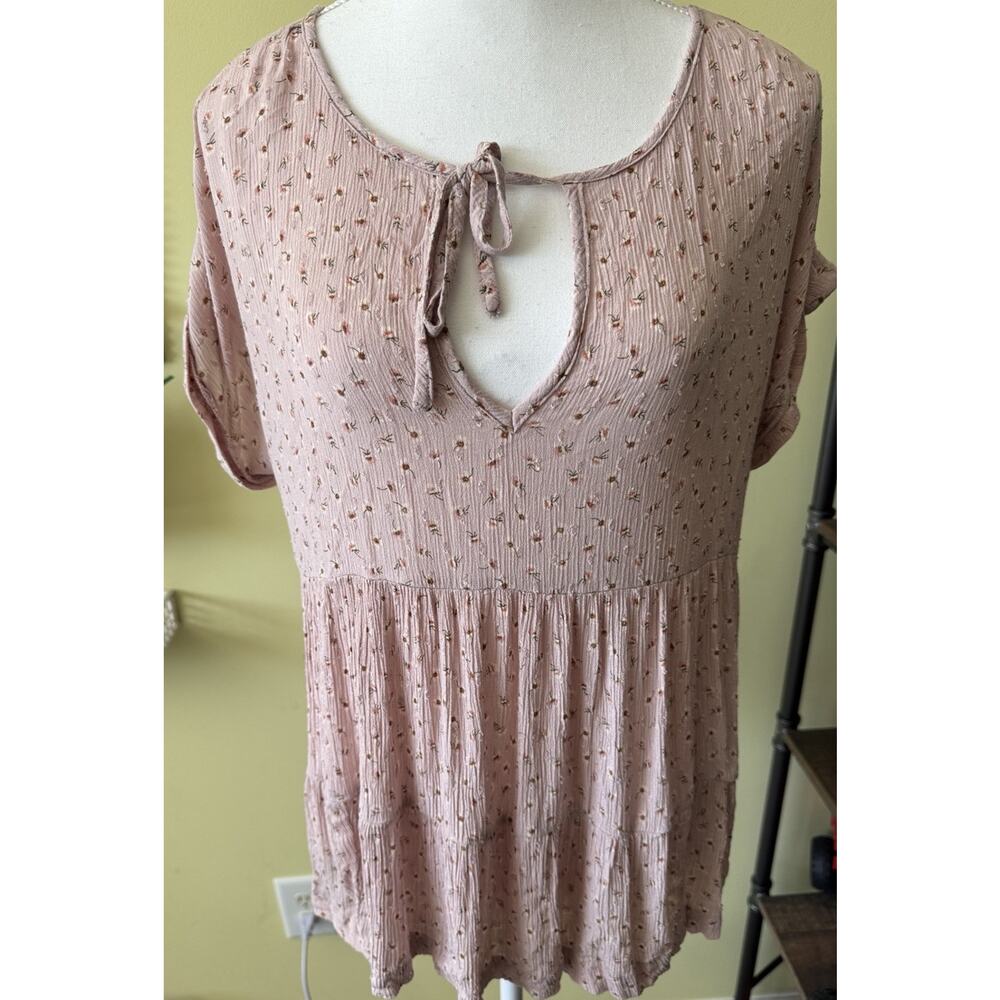 American Eagle Floral Babydoll Peplum Top M Pink Cottagecore Boho Tie Neck